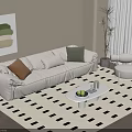 Living Room Beige Wall Abstract Painting White Sofa Green Cushions Black White Square Rug