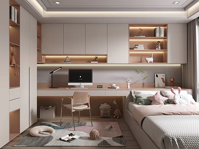 Modern Minimalist Tatami Bedroom With Desk Computer Bookshelves Storage And Soft Lighting Rug 3d model