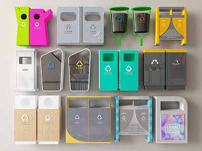 Public Recycling Trash Bins With Various Colors And Classification Symbols 3d model