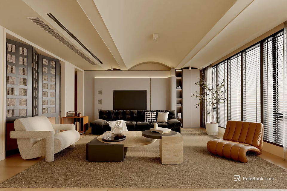 Contemporary Living Room Interior With Black Sofa White Armchair Brown Leather Chair And Large Windows 3d model 