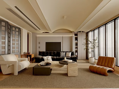 Contemporary Living Room Interior With Black Sofa White Armchair Brown Leather Chair And Large Windows 3d model