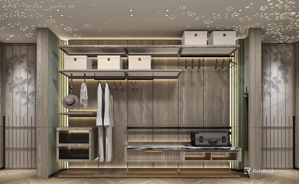 Modern Walk In Closet Interior With Wooden Cabinets And Storage Boxes 3d model 