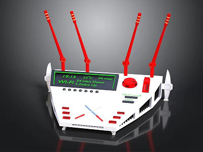 High Speed WiFi Router With Multiple Red Antennas Digital Display And White Design 3d model