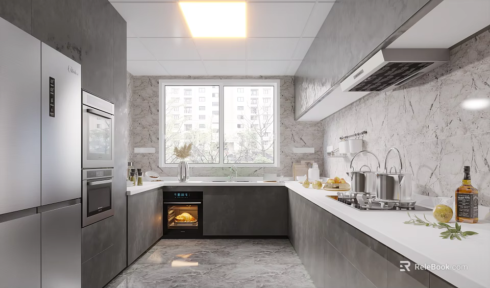 Modern Kitchen Interior With Gray Cabinets White Countertops Built-in Oven And Stainless Steel Appliances 3d model 