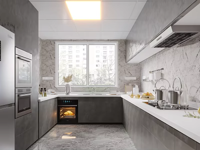 Modern Kitchen Interior With Gray Cabinets White Countertops Built-in Oven And Stainless Steel Appliances 3d model