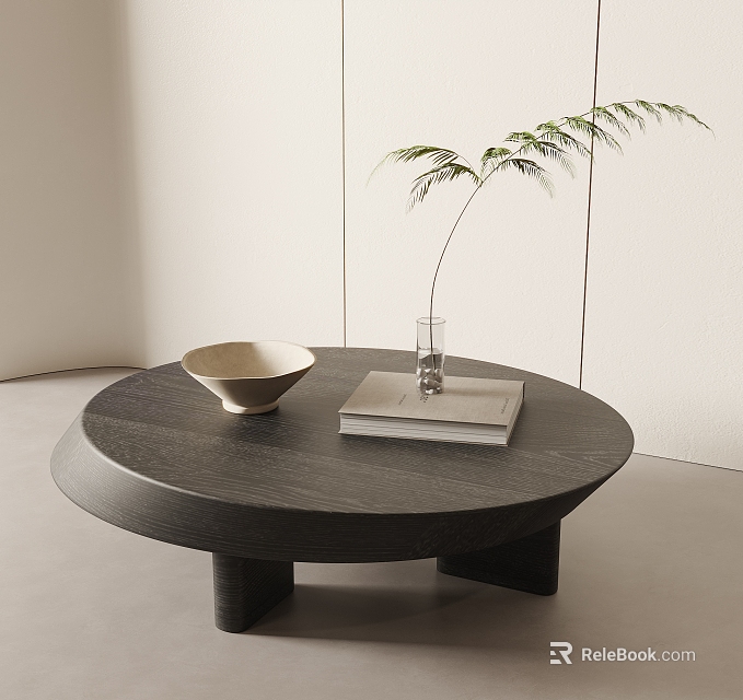 Round Dark Coffee Table With Light Bowl Clear Vase Green Plant And Stacked Books 3d model 