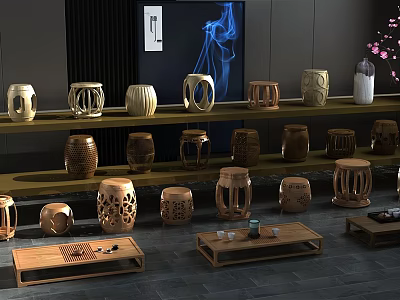 New Chinese Style Drum Stool Round Stool Wooden Stool Tea Tray 3d model
