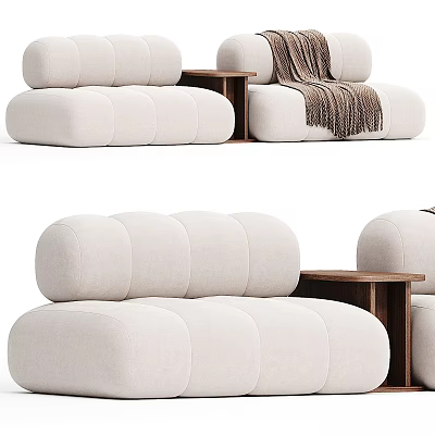 Cozy Casual Sofa Set With Wooden Side Table And Blanket 3d model