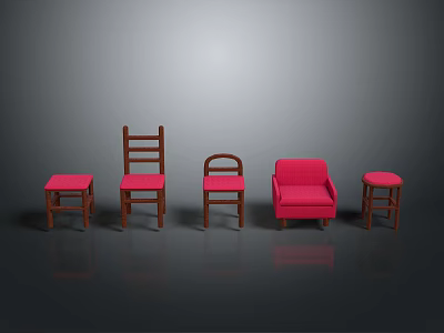 Varied Furniture Set With Different Style Chairs Pink Sofa And Wooden Stools On Grey Background 3d model