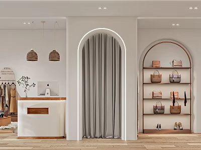 Modern Clothing Store Interior With Display Shelves Bags Shoes Counter And Decorative Plants 3d model