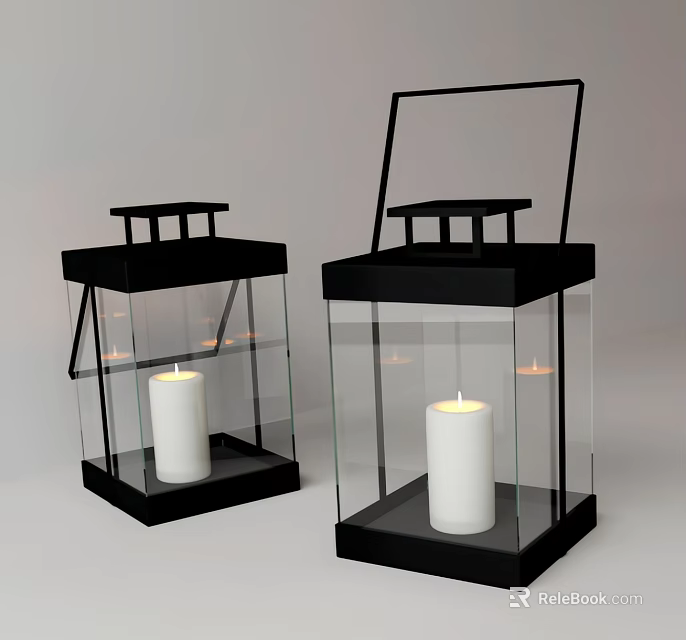 Decorative Ornament Set with Black Frame Glass Lanterns and White Candles for Home Decor 3d model 