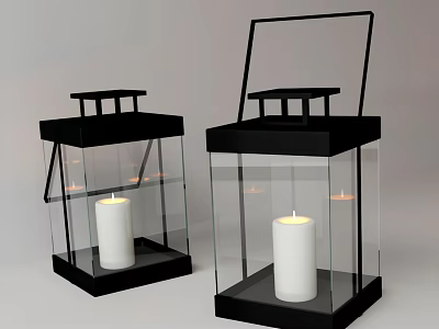 Decorative Ornament Set with Black Frame Glass Lanterns and White Candles for Home Decor 3d model