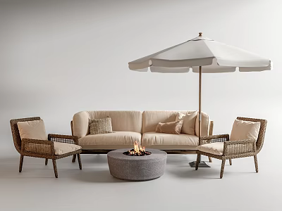 Comfortable Outdoor Sofa with Wicker Chairs Round Fire Pit and White Umbrella 3d model