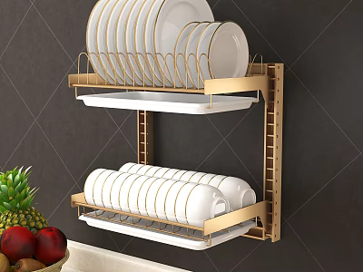 Wall Mounted Kitchen Cabinet With Golden Dish Rack Plates Bowls And Fresh Fruits 3d model