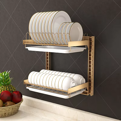 Wall Mounted Kitchen Cabinet With Golden Dish Rack Plates Bowls And Fresh Fruits 3d model