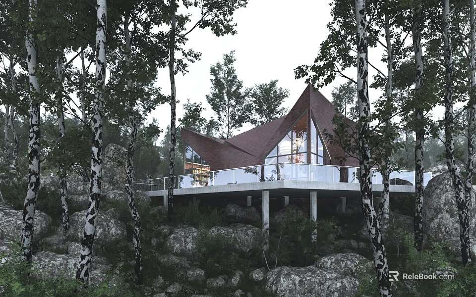 Detached Villa in Wooded Area with Triangular Roof Glass Walls and Terrace 3d model 