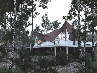 Detached Villa in Wooded Area with Triangular Roof Glass Walls and Terrace 3d model