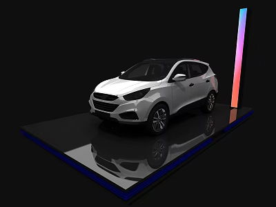 White SUV Vehicle Display On Black Reflective Platform With Colorful Vertical Light 3d model