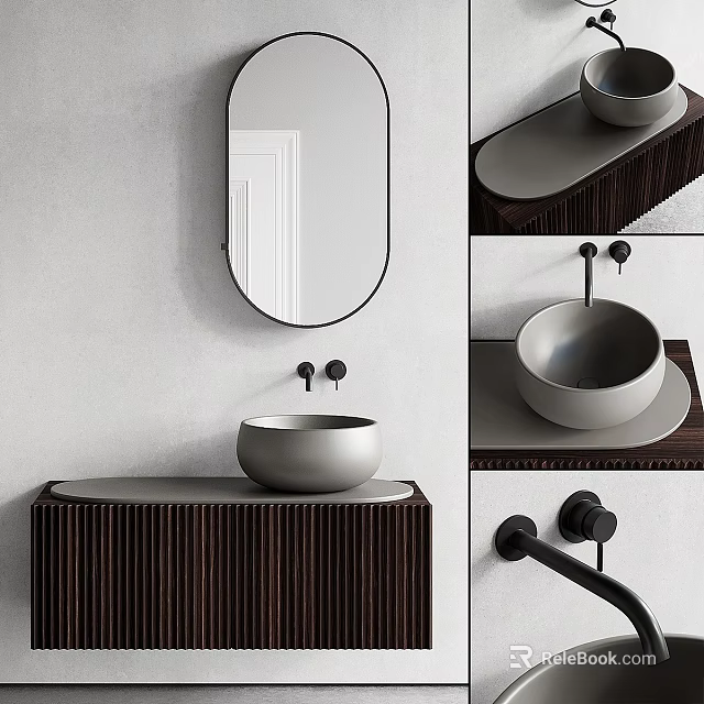 Modern Bathroom Sink Vanity With Oval Mirror Wooden Cabinet And Faucet 3d model 