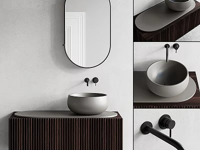 Modern Bathroom Sink Vanity With Oval Mirror Wooden Cabinet And Faucet 3d model
