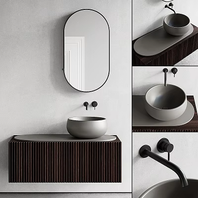 Modern Bathroom Sink Vanity With Oval Mirror Wooden Cabinet And Faucet 3d model