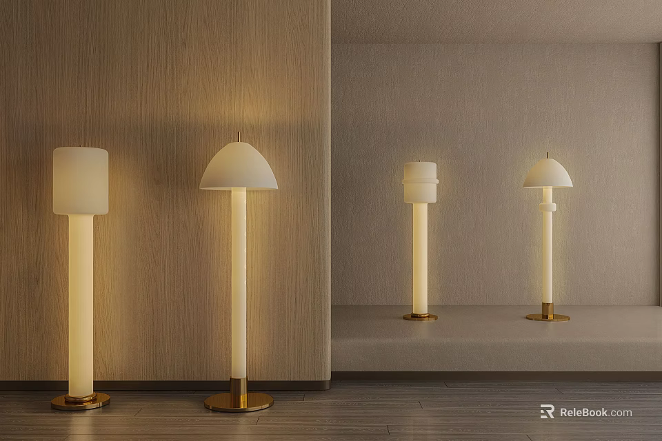 Modern Floor Lamp Design With White Dome Shade And Gold Metal Base For Living Room 3d model 