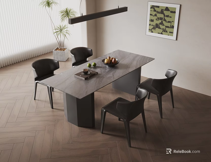 Contemporary Dining Table Set With Rectangular Stone Top Black Chairs And Herringbone Wooden Floor 3d model