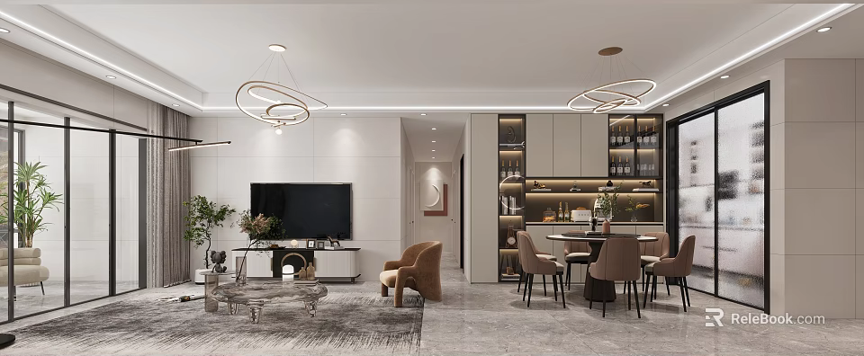 Modern Living Dining Room Interior With Sofa Dining Table And Pendant Lights 3d model