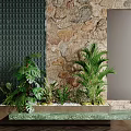 Indoor Plant Arrangement with Green Grid Wall Stone Wall Mirror and Marble Countertop
