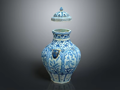 Antique Style Blue And White Ceramic Vase With Lid And Intricate Patterns 3d model