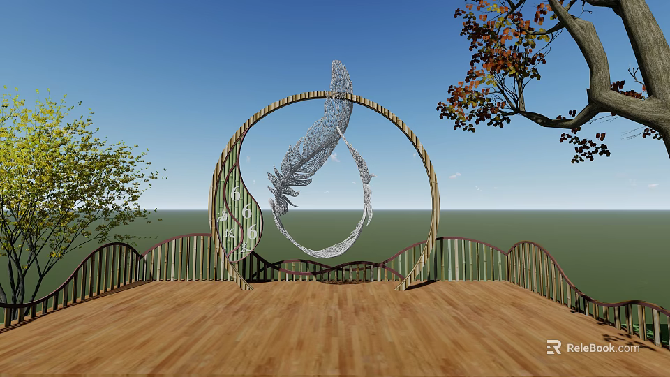 Garden Landscape With Wooden Platform Railing Circular Feather Sculpture Blue Sky Green Field And Trees 3d model 