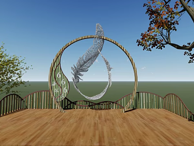 Garden Landscape With Wooden Platform Railing Circular Feather Sculpture Blue Sky Green Field And Trees 3d model