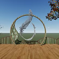 Garden Landscape With Wooden Platform Railing Circular Feather Sculpture Blue Sky Green Field And Trees