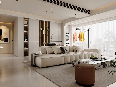 Modern Living and Dining Room Interior Design With Beige Sofa Coffee Table And Large Window 3d model