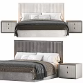 Elegant Bedroom Bed Set With Textured Striped Headboards White Nightstands And Gray Bedding
