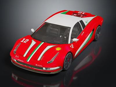 Red Sports Race Car With White Green Stripes Shell Logo And Number 12 3d model