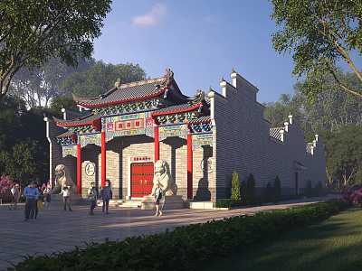 Traditional Chinese Ancient Architectural Gate With Red Door Stone Lions Colorful Carvings And Trees 3d model