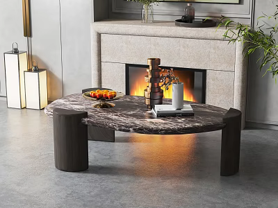 Elegant Modern Coffee Table With Marble Top Fireplace Background Fruit Plate Vase And White Cup 3d model
