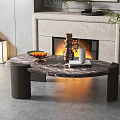 Elegant Modern Coffee Table With Marble Top Fireplace Background Fruit Plate Vase And White Cup