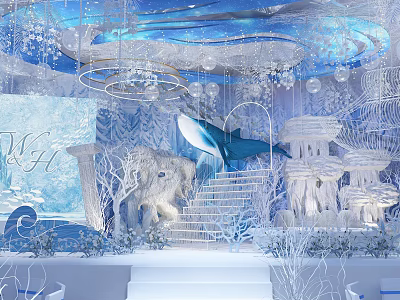Blue Ocean Themed Banquet Hall With Hanging Whale Decor And Frosty Staircase Design 3d model