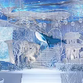 Blue Ocean Themed Banquet Hall With Hanging Whale Decor And Frosty Staircase Design