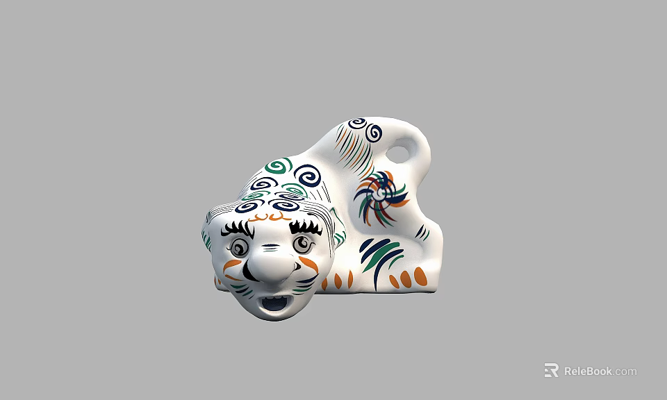 Handcrafted White Tiger Sculpture With Colorful Intricate Patterns And Lying Posture 3d model 