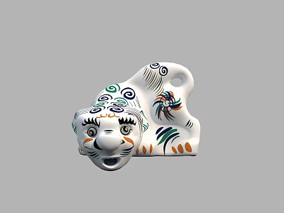Handcrafted White Tiger Sculpture With Colorful Intricate Patterns And Lying Posture 3d model