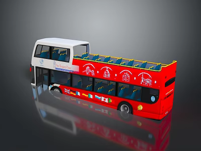 Red And White Double Decker Bus Featuring Upper Deck Seats And City Landmark Graphics 3d model
