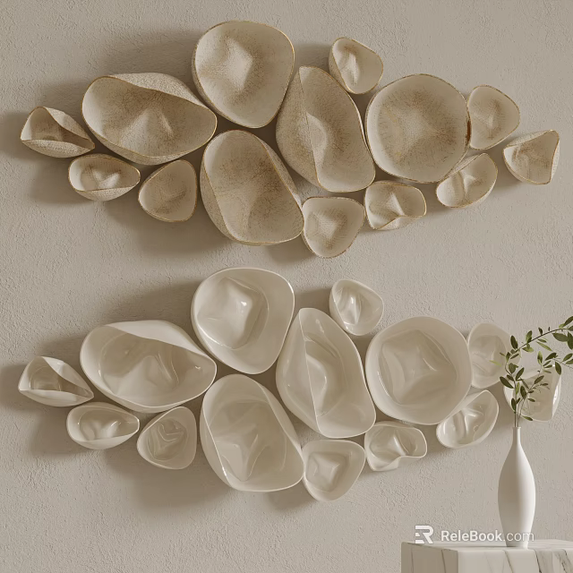 Ceramic Wall Decor With Various Shapes In Neutral Tones And Green Plant Accent 3d model