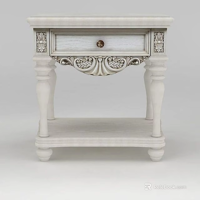 Tech Exhibition Hall Displaying White Ornate Nightstand With Drawer And Intricate Carved Legs 3d model 