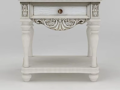 Tech Exhibition Hall Displaying White Ornate Nightstand With Drawer And Intricate Carved Legs 3d model