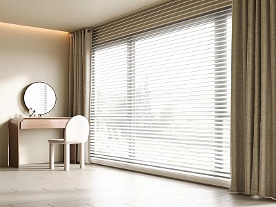 Wooden Desk with White Chair Round Mirror and Large Window Blinds in Bright Room 3d model