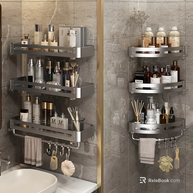 Stainless Steel Multi tier Bathroom Shower Shelves with Toiletries Storage and Towel Hooks 3d model 
