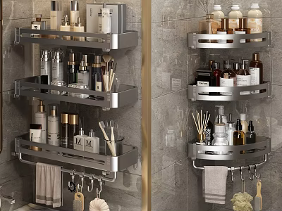 Stainless Steel Multi tier Bathroom Shower Shelves with Toiletries Storage and Towel Hooks 3d model